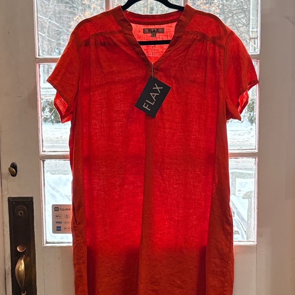Flax Orange Short-Sleeve Linen long dress